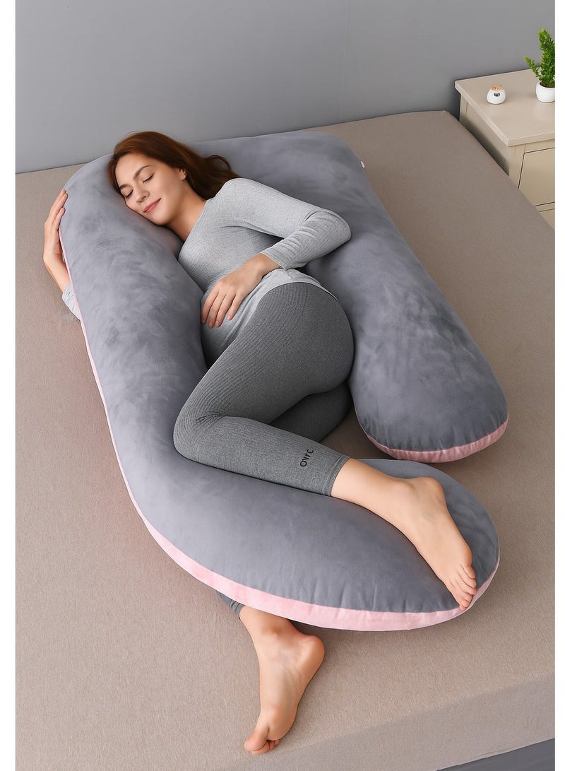 زابروس وسادة حمل ZAPRUS على شكل حرف J للنوم - وسادة حمل كاملة الجسم مع غطاء قابل للإزالة والغسل - رمادي/وردي مزدوج الجوانب - حشوة قطنية ناعمة - دعم للظهر والبطن والوركين والساقين - للنساء الحوامل ومن ينمن على جانبهن - Image 3